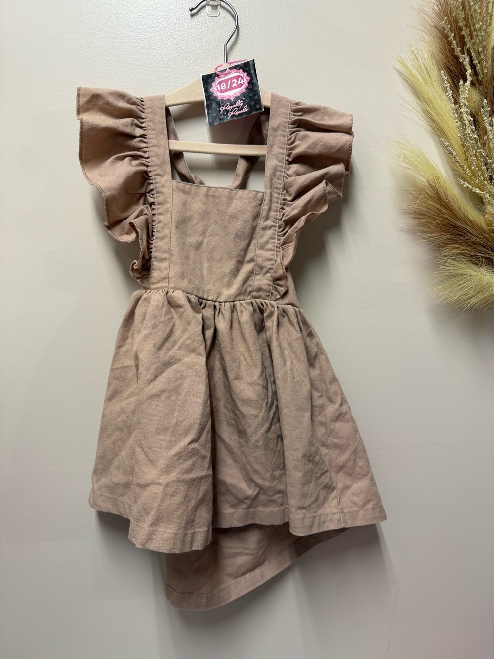 Girls Ruffle Strap Cotton Dress in Tan